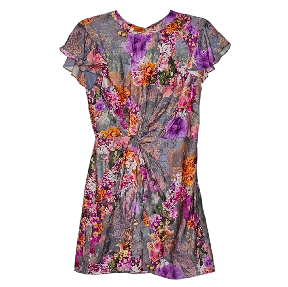 All Saints Jemille Lucia Silk Blend Lined Mini Dress Flutter Sleeves Grey Floral - Picture 6 of 16